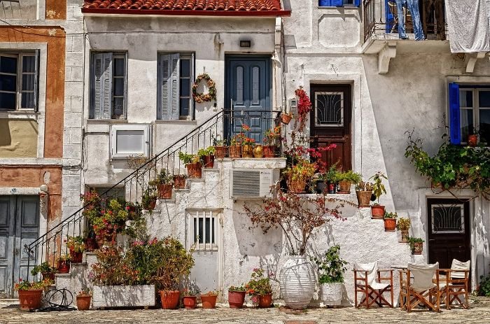 Various potted plants arranged on staircases and along the walls of a small urban home, showcasing effective fertilizing techniques for thriving plants in small space container gardens.