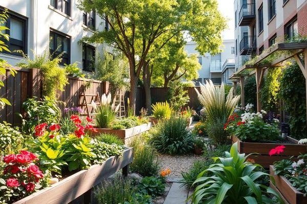 Vibrant community garden with raised beds full of flowers and vegetables, surrounded by apartment buildings and wooden pergolas, showcasing urban gardening in a shared space.