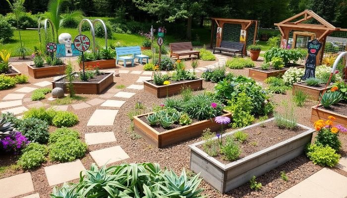 Inclusive community garden with raised beds, wide accessible paths, colorful seating, and diverse plantings designed for people of all ages and abilities.