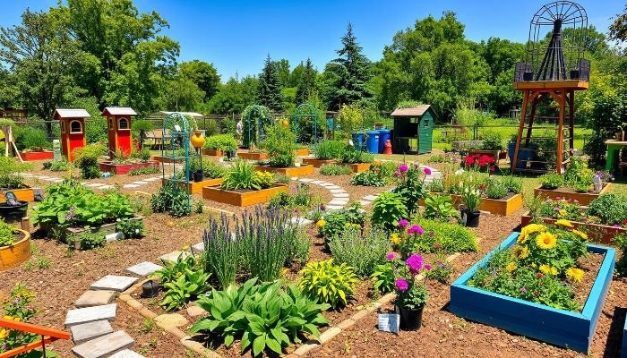 A colorful and vibrant community garden featuring raised beds, flowers, and diverse decorative elements, representing inclusivity and a shared space for people of all ages, races, and backgrounds.