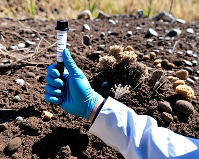 Scientist wearing a blue glove holding a soil test sample in an urban garden, analyzing contaminants, nutrient levels, and pH balance for safe and healthy gardening.