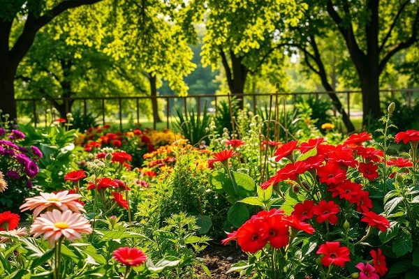 Vibrant community garden with colorful flowers and lush greenery under a canopy of trees, highlighting the serene environment and mental health benefits of gardening activities.