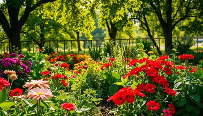 Vibrant community garden with colorful flowers and lush greenery under a canopy of trees, highlighting the serene environment and mental health benefits of gardening activities.