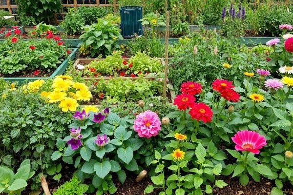 Colorful garden with mixed flowers and vegetables, illustrating common companion planting mistakes to avoid for a healthy garden.