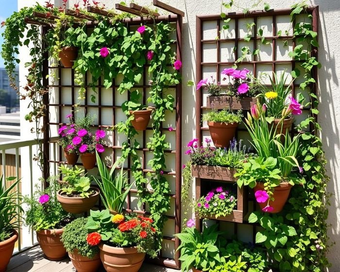 Vertical garden with stacked planters and wall-mounted pots filled with vibrant flowers and green plants, maximizing space on a balcony for creative small-space gardening.