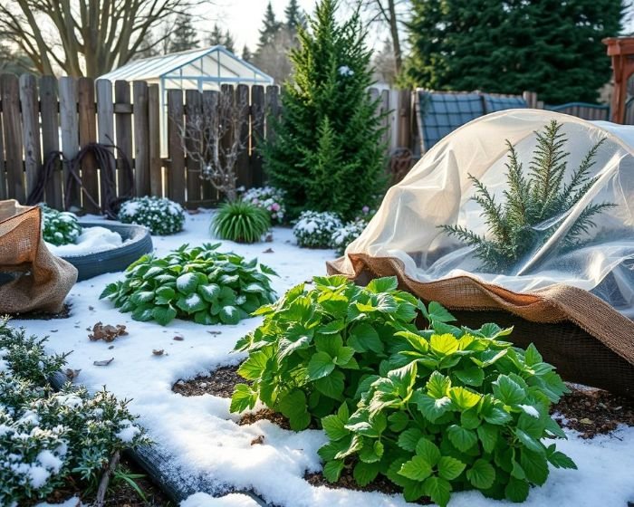 Garden with plants covered in snow, using burlap and fabric covers to protect plants from frost and cold weather damage.