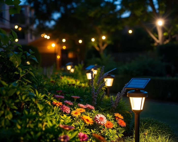 Solar-powered garden lights glowing at night, positioned along a flower bed with vibrant blooms, emphasizing the importance of proper placement for maximum sunlight exposure during the day.