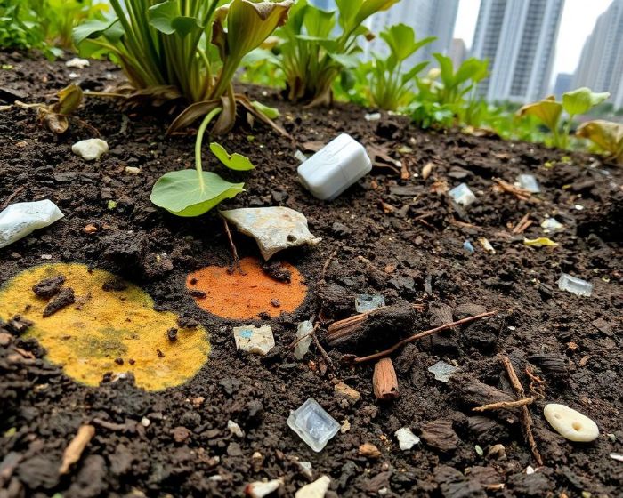 Contaminated urban soil with visible pollutants, toxic residues, and struggling plants, highlighting symptoms of soil contamination such as stunted growth and discoloration.
