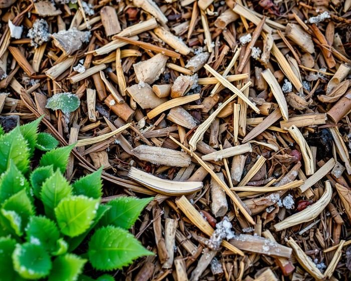 Close-up of wood chip mulch covering garden soil to retain moisture and prevent weed growth, with green plant leaves visible on the side.