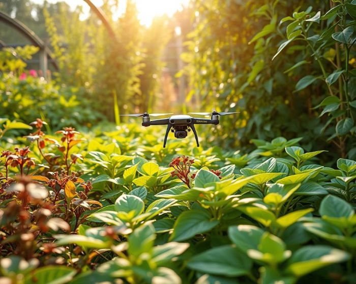An AI-powered drone monitoring crops in a greenhouse, illustrating early intervention for pest control to enhance crop health and yield through advanced technology.