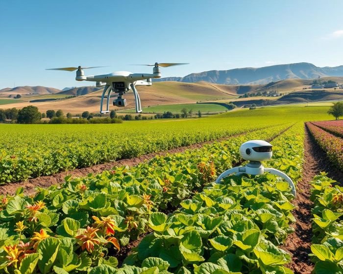 An AI-powered drone and robotic sensor monitoring crops in a vast farmland, illustrating AI-driven pest management for sustainable agriculture with reduced pesticide use.