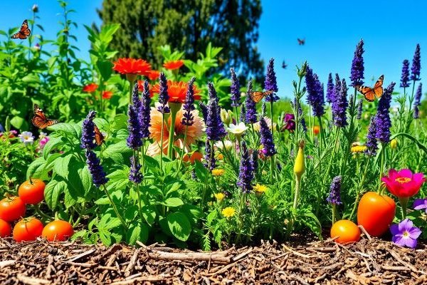 A vibrant garden with aromatic plants like lavender and marigolds growing alongside vegetables, attracting butterflies and promoting natural pest control.
