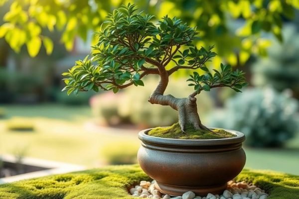 The Art of Bonsai in Container Gardening A beautifully shaped bonsai tree in a ceramic pot, surrounded by moss and pebbles, illustrating the art of bonsai in container gardening.