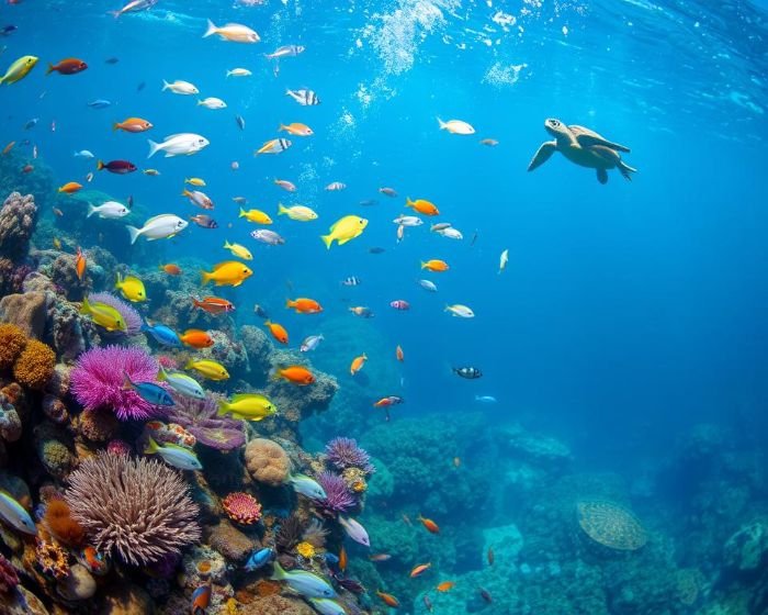 A vibrant coral reef with colorful fish and a sea turtle swimming, representing marine ecosystems affected by bioaccumulation of harmful chemicals from household cleaners.