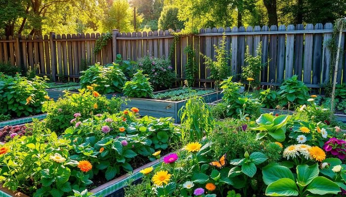 A vibrant community garden with diverse vegetables and flowers, illustrating how community gardening helps address food deserts by providing fresh, healthy produce.