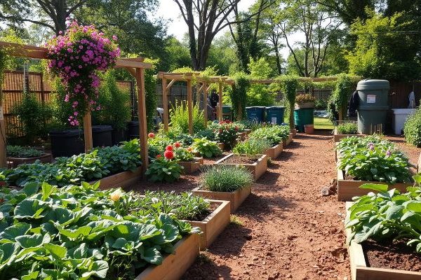 A thriving community garden with raised beds, trellises, and diverse crops, illustrating how community gardening enhances food security and local sustainability.