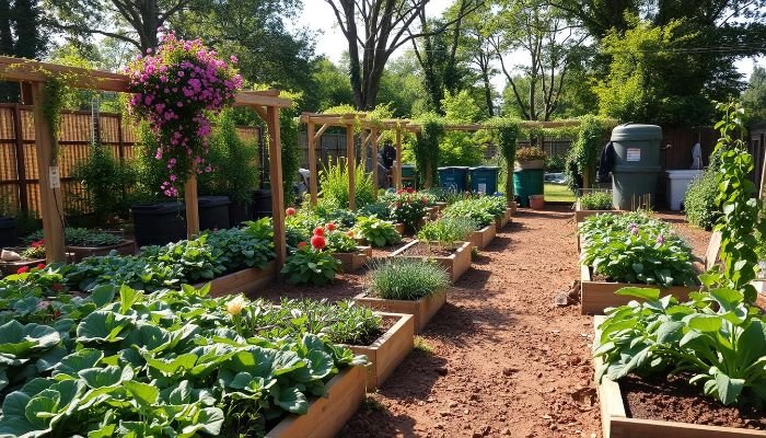 A thriving community garden with raised beds, trellises, and diverse crops, illustrating how community gardening enhances food security and local sustainability.