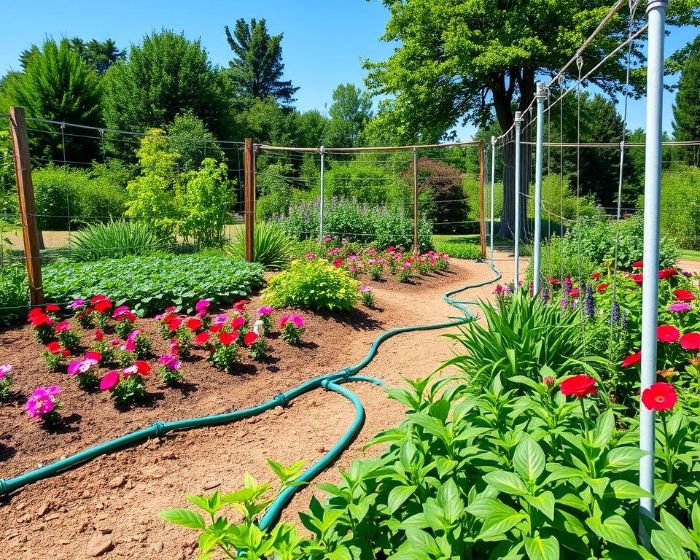 A well-maintained garden with drip irrigation and soaker hoses, illustrating efficient watering techniques that reduce evaporation and improve moisture distribution.