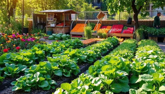 A thriving community garden with fresh vegetables and a small market stand, illustrating the economic benefits of community gardening in providing affordable, fresh food.
