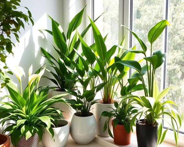 A collection of air-purifying houseplants, including peace lilies and rubber plants, placed near a sunny window, illustrating how high-efficiency plants improve indoor air quality.