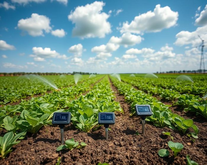 Smart soil moisture sensors in a large agricultural field collecting data for predicting water needs based on historical irrigation patterns.
