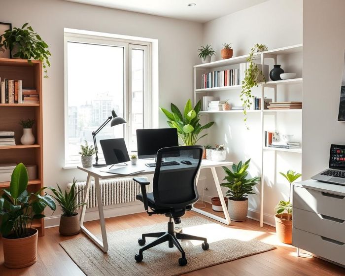 A bright home office with large windows, ergonomic furniture, and indoor plants, designed to maximize natural light and airflow for a productive workspace.