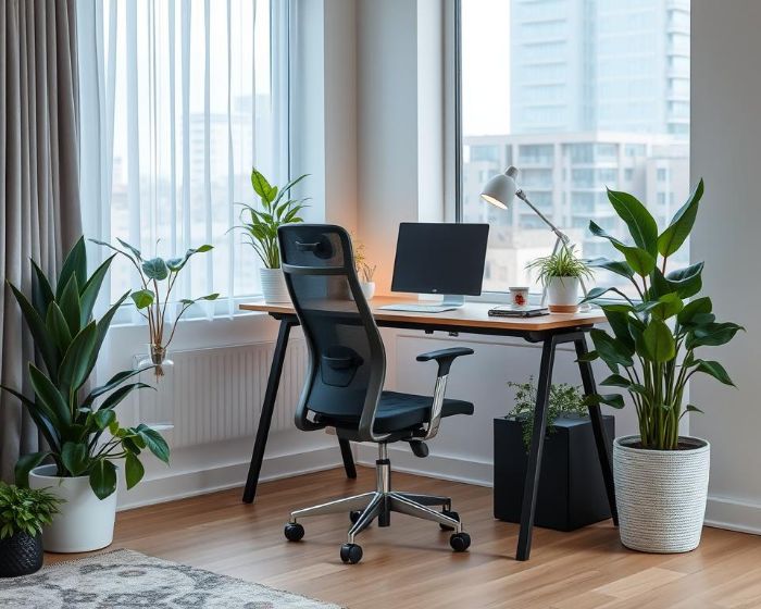 A stylish home office with indoor plants and minimalist decor, creating a refreshing and productive workspace with natural elements.