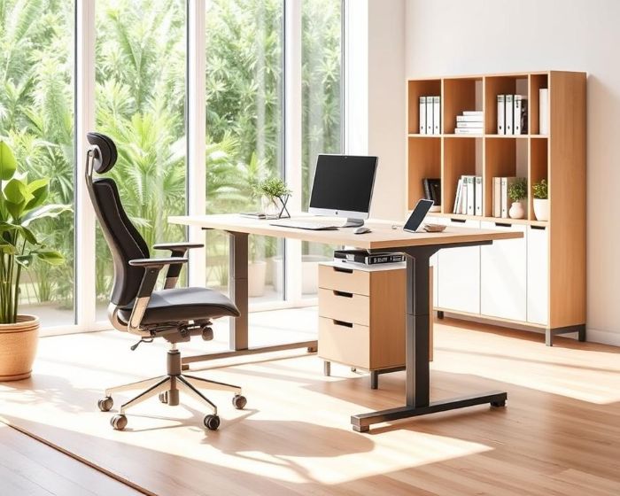 A modern home office with sleek storage solutions, including a bookshelf, cabinets, and an organized desk, designed for maximum efficiency and workspace organization.