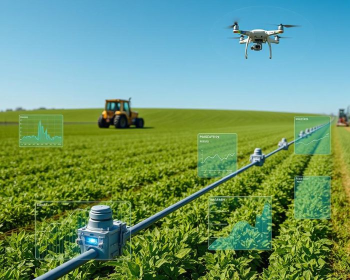 A smart irrigation system with sensors and a drone monitoring crop water usage, collecting real-time data for precision farming.