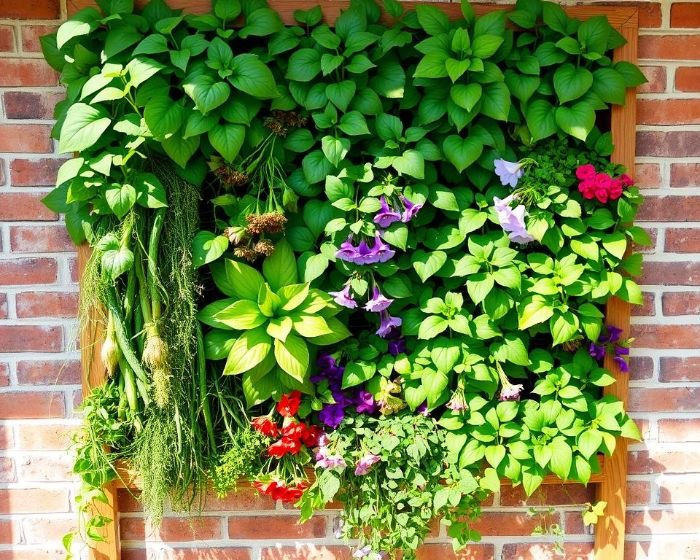 A vibrant living wall with lush green plants and colorful flowers mounted on a brick wall, illustrating the benefits of vertical gardening with pocket planters.