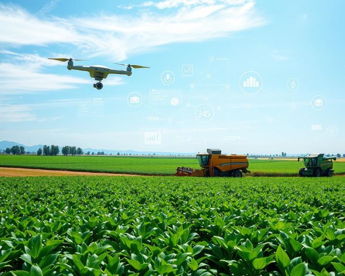 A drone monitoring a green crop field with data analytics icons, representing the accessibility of machine learning for yield prediction to all farmers.