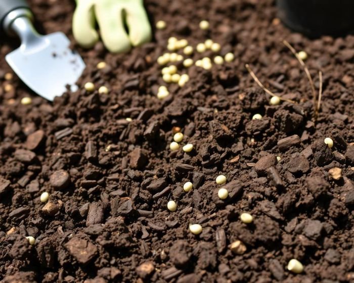 Close-up of ornamental grass seeds being planted in rich soil, highlighting the process of creating a diverse container garden with mixed plant displays.