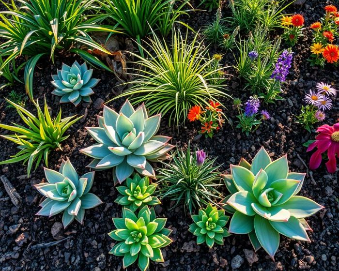 A water-efficient garden bed with succulents, ornamental grasses, and flowers, illustrating the benefits of mulching for moisture retention and soil health.
