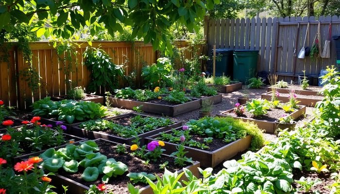 A well-organized community garden with raised beds and diverse crops, illustrating the importance of planning and teamwork for maximum impact in local food production.