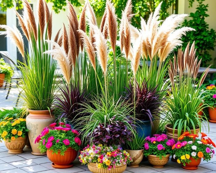 A beautiful container garden featuring ornamental grasses paired with colorful flowers, showcasing their versatility in both modern and rustic landscape designs.
