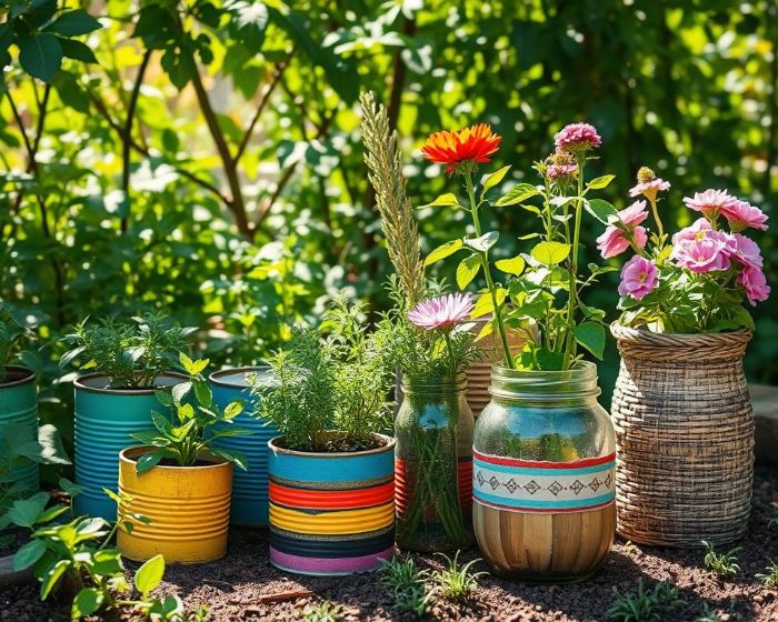 Colorful recycled containers and jars used for gardening, showcasing healthy plants growing in refreshed and nutrient-rich soil.