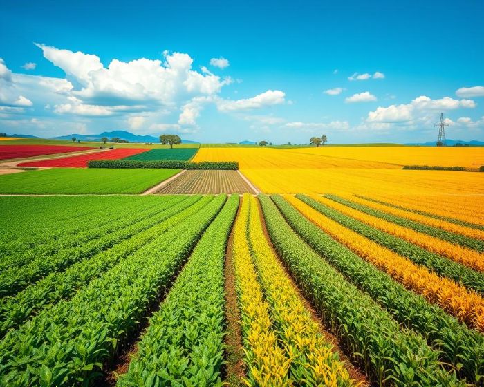 Aerial view of diverse crop fields showcasing the use of satellite and sensor data for real-time agricultural yield monitoring.