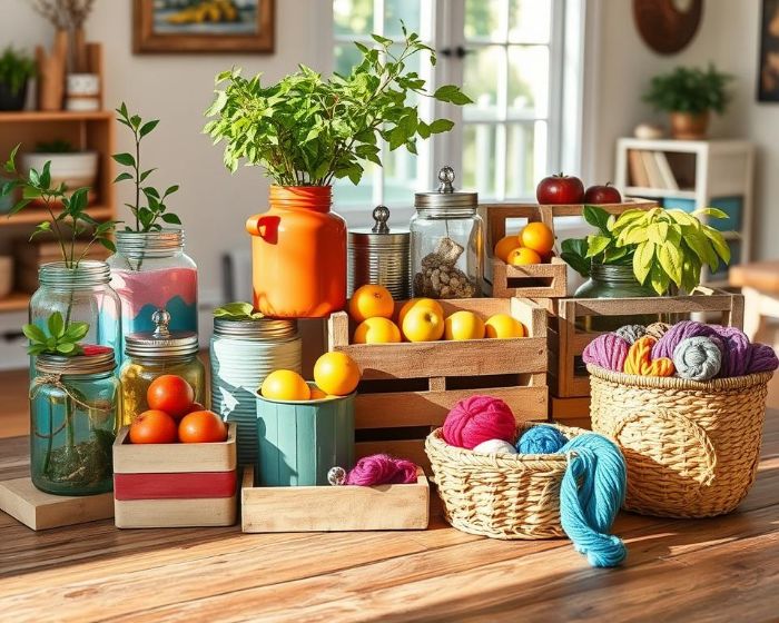 Creative stacked and layered plant display using recycled containers, wooden crates, and jars, adding height and texture to indoor decor.