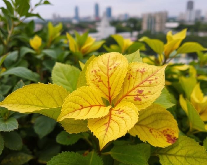 Close-up of plant with yellowing leaves and brown spots, showing signs of air pollution damage with a blurred cityscape in the background.