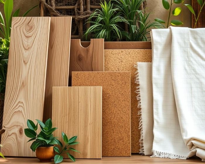 A selection of sustainable furniture materials, including bamboo, cork, reclaimed wood, and eco-friendly fabrics, surrounded by green plants.