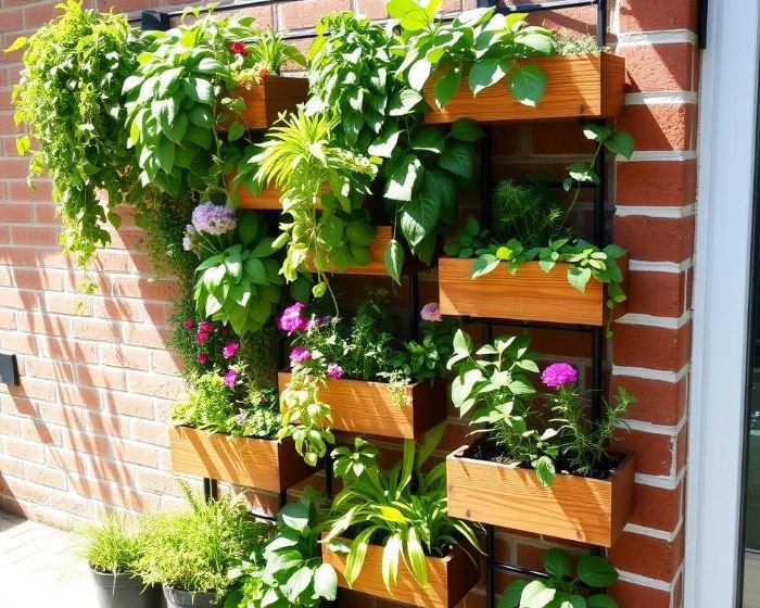 A vertical garden with wooden planters mounted on a metal frame against a brick wall, illustrating smart structure choices for efficient space-saving gardening.