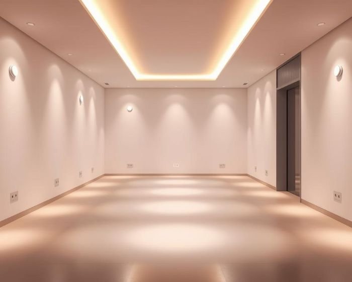 Minimalist room with adaptive LED lighting that changes brightness based on occupancy and time of day to improve comfort and energy efficiency.
