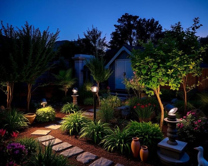 Beautifully lit garden path at night featuring adjustable lighting fixtures that highlight plants and landscape elements, offering flexibility in design.