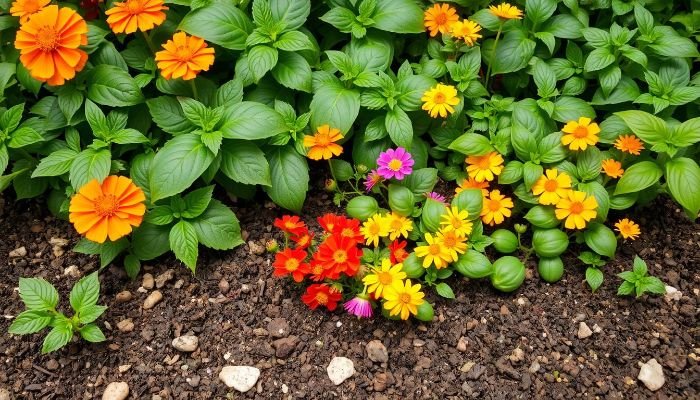Bright orange and yellow zinnias growing in a garden, enhancing soil structure and attracting beneficial insects for improved soil health.