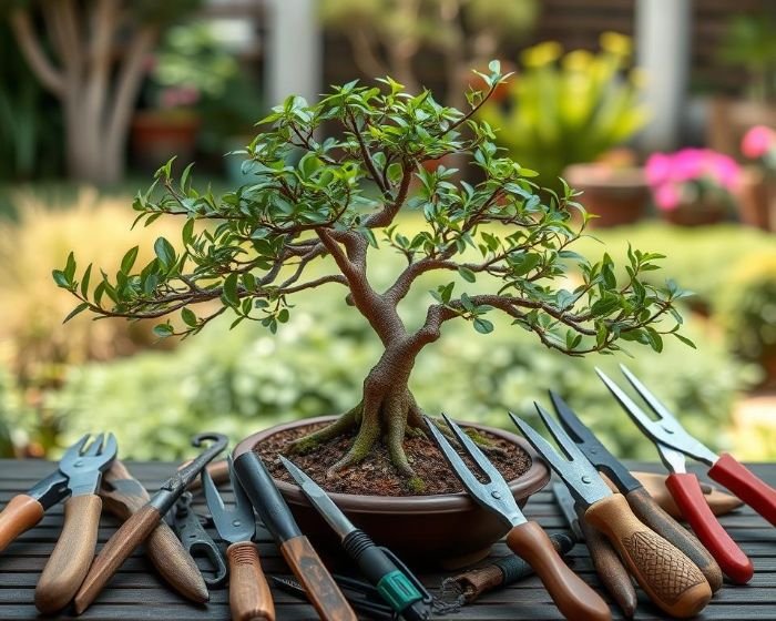 A beautifully shaped bonsai tree in a ceramic pot, surrounded by various bonsai wiring and pruning tools, illustrating essential techniques for wiring bonsai branches.