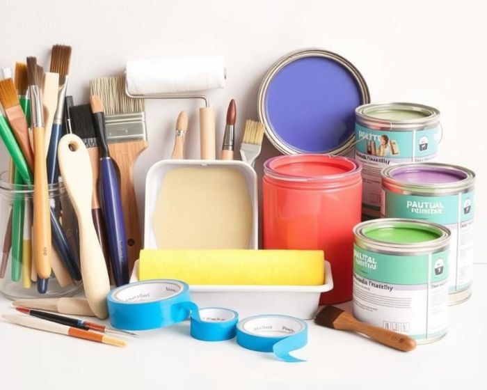 Various paint supplies, including brushes, rollers, paint cans, and painter's tape, essential for achieving a professional finish while saving money on home painting projects.
