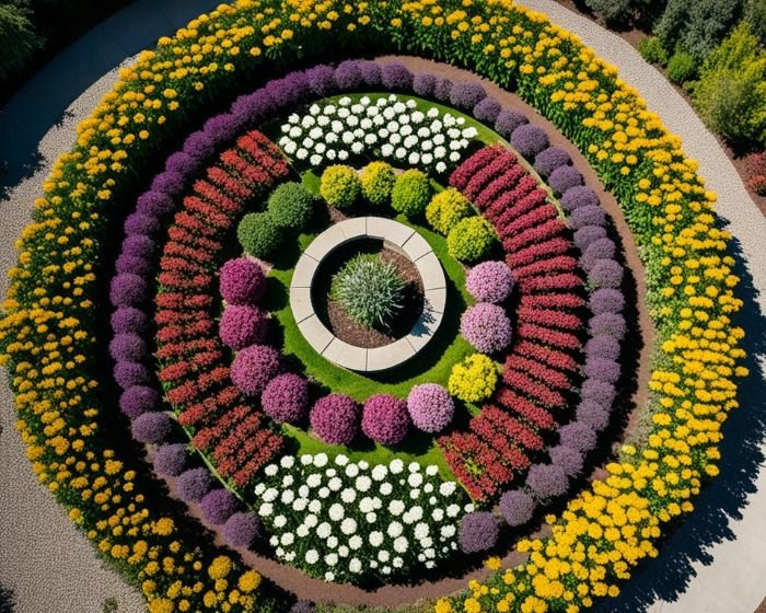Aerial view of a vibrant circular garden with chrysanthemums in full bloom, showcasing a variety of colors and staggered bloom times for continuous seasonal beauty.