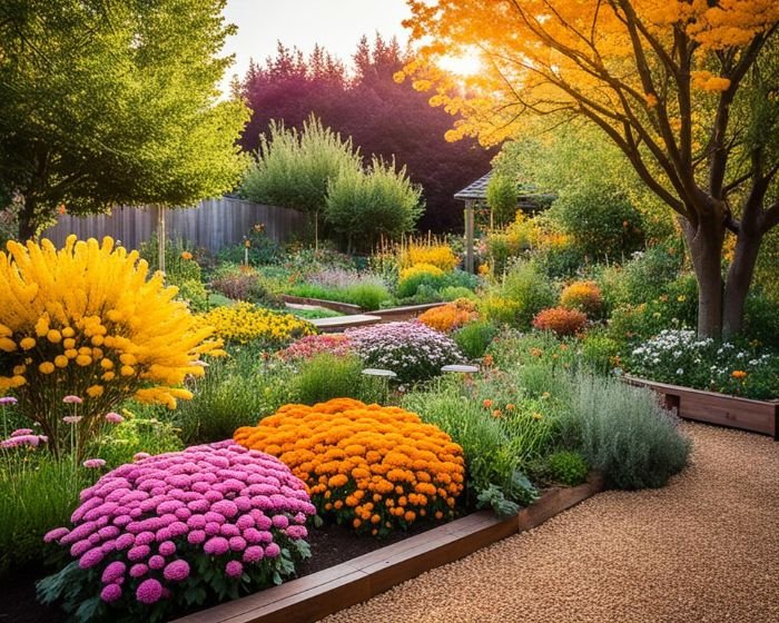 Chrysanthemums growing alongside companion plants like lavender and herbs in a raised bed garden, showcasing effective planting strategies for pest control and soil improvement.