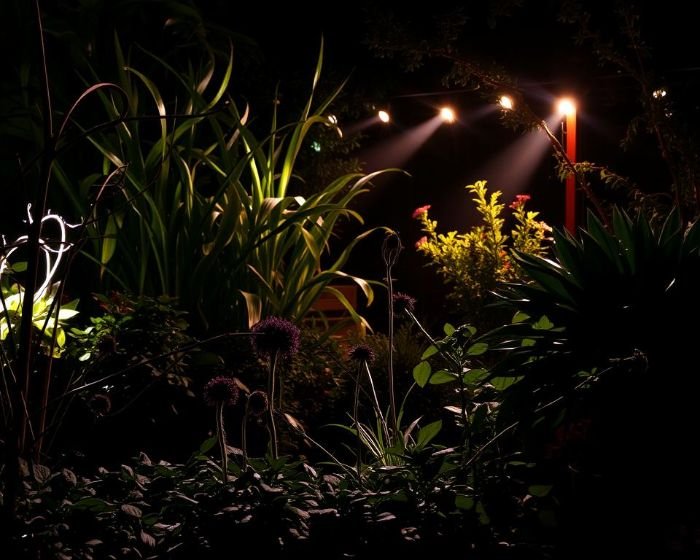 Garden at night illuminated by multiple spotlights, creating a balanced lighting effect that enhances plants and landscaping while reducing harsh shadows.