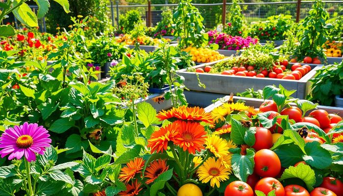 A vibrant community garden with fresh vegetables, fruits, and flowers, demonstrating the benefits of nutrition and healthy eating education through hands-on gardening experience.